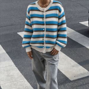 Retro-Strickjacke Mit Streifen Und Knöpfen, Gerade Geschnitten h5 Bild5