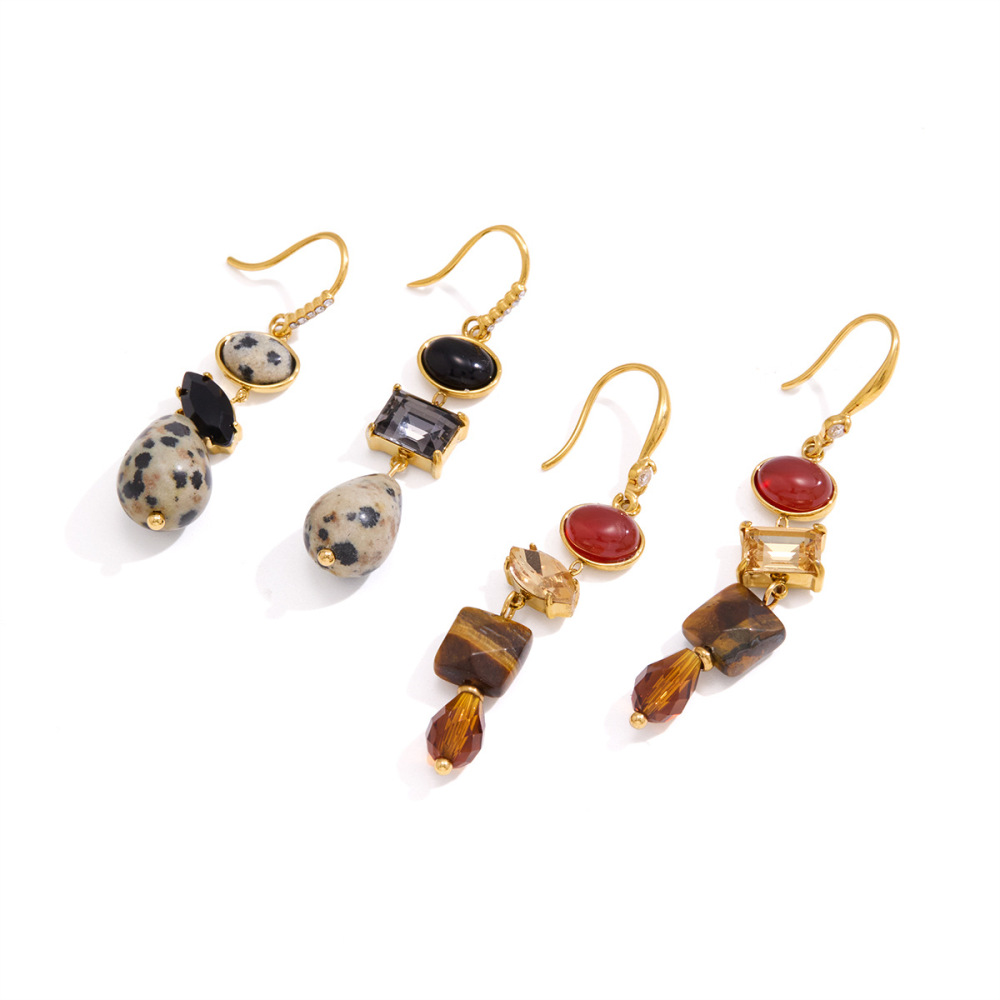 Tassel Ellipse Shape Stainless Steel Waterproof Gold Color Crystal Natural Stone Women's Dangle Earrings h5Picture5