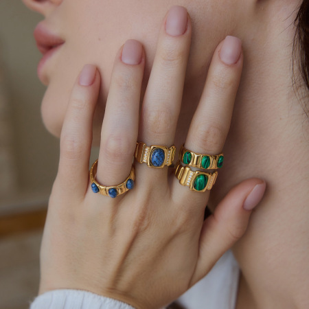 Classic Series Retro Ellipse Shape Stainless Steel Waterproof Gold Color Natural Stone Women's Gemstone Rings