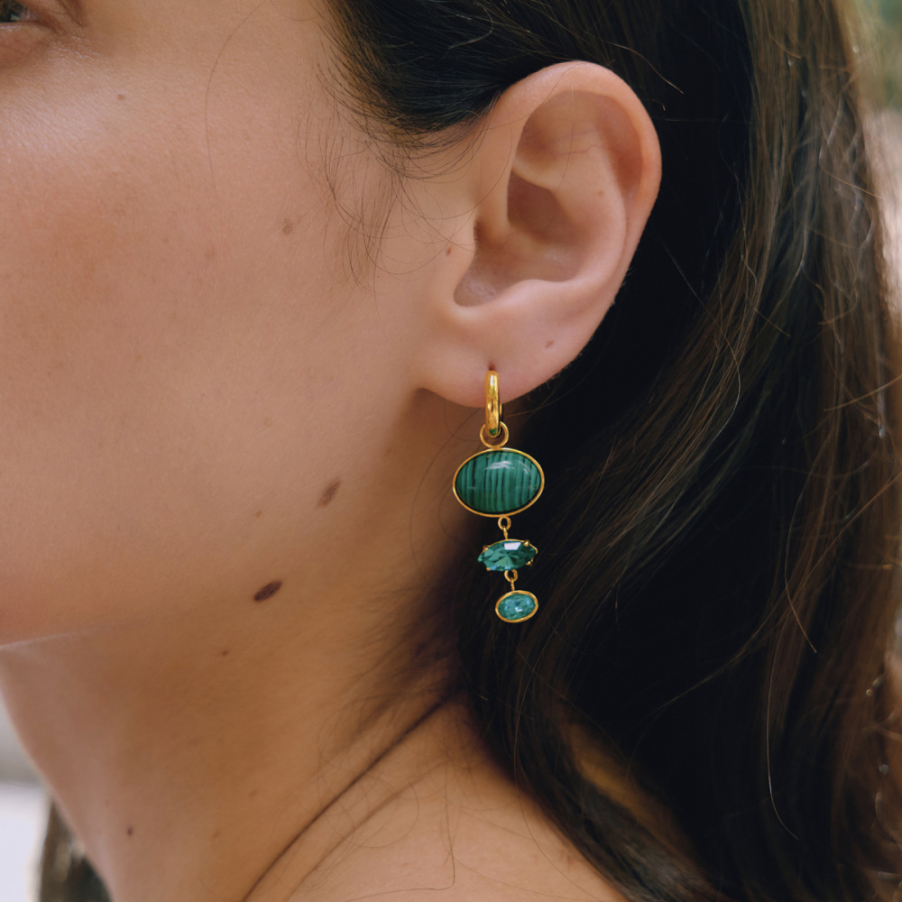 Classic Series Ellipse Shape Stainless Steel Waterproof Gold Color Natural Stone Zircon Women's Dangle Earrings h5Picture5