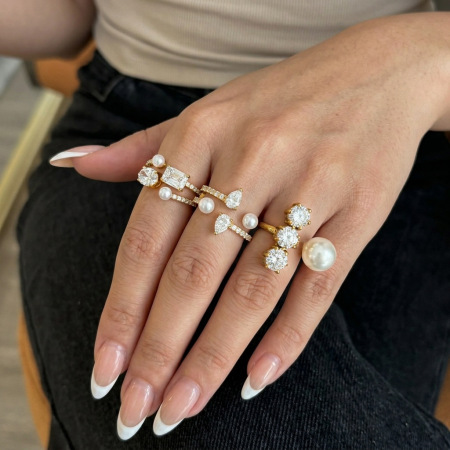 Anelli Da Donna In Acciaio Inossidabile, Impermeabili, Con Pietre Preziose, Dalla Forma Elegante E Irregolare, Con Zirconi E Perle Artificiali, Serie Simple.