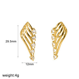 Wings Shape Stainless Steel Waterproof Gold Color Rhinestone Women's Stud Earrings h5