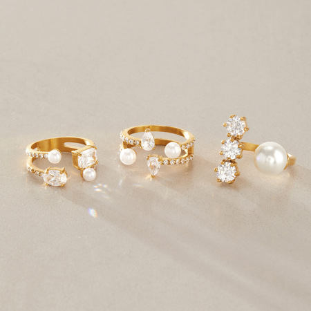 Anelli Da Donna In Acciaio Inossidabile, Impermeabili, Con Pietre Preziose, Dalla Forma Elegante E Irregolare, Con Zirconi E Perle Artificiali, Serie Simple. 2