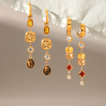 Tassel Stainless Steel Waterproof Gold Color Natural Stone Zircon Women's Dangle Earrings