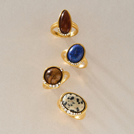 Anelli Da Donna Classic Series Daily Ellipse Shape In Acciaio Inossidabile Impermeabile Color Oro Con Pietre Naturali. 2
