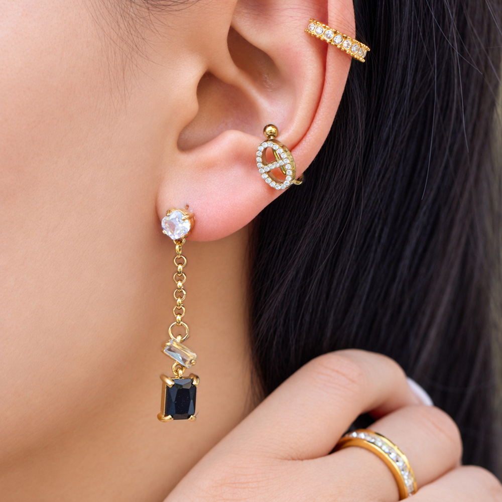 Luxurious Series Daily Chain Rectangle Stainless Steel Waterproof Gold Color Zircon Women's Dangle Earrings Picture2