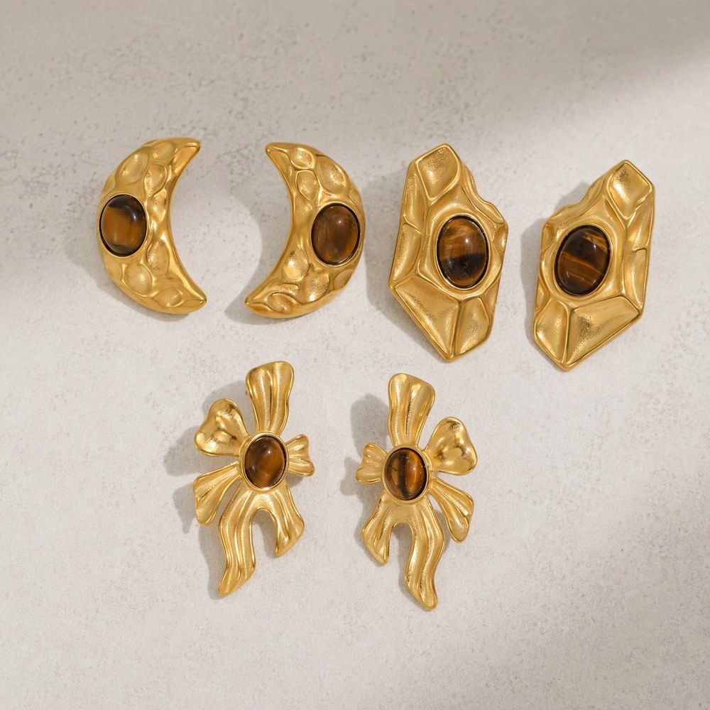 Flower Moon Hammer Pattern Stainless Steel Waterproof Gold Color Natural Stone Women's Stud Earrings Picture4