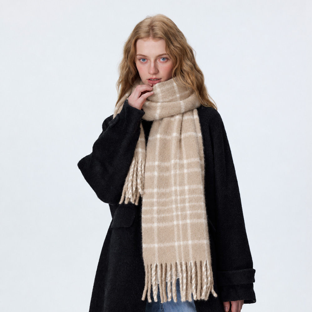 Simple Series Casual Solid Color Plaid Tassel Wool Polyester Blend Winter Scarves h5Picture2