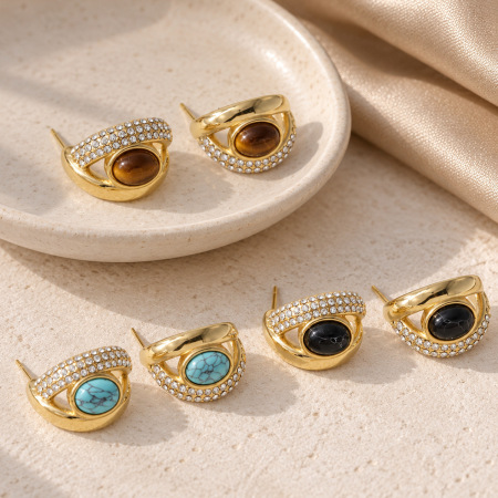 Devil's Eye Stainless Steel Waterproof Gold Color Natural Stone Zircon Women's Hoop Earrings