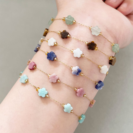 Simple Series Retro Clover Stainless Steel Waterproof   Gold Color  Natural Stone Women's Beaded Bracelets