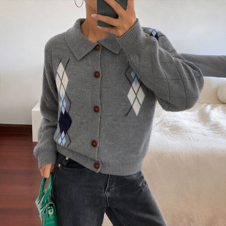 Retro Color Block Button Straight Knit Cardigan