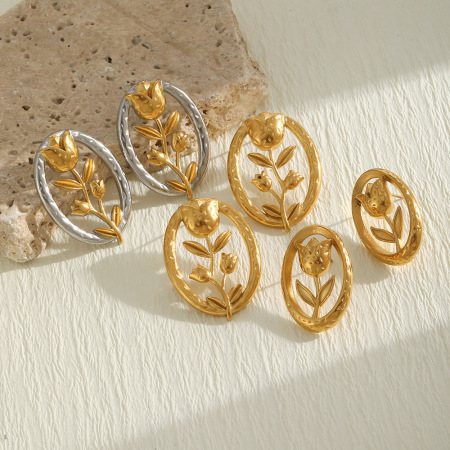 Sweet Flower Stainless Steel Waterproof Gold Color Women's Stud Earrings 2
