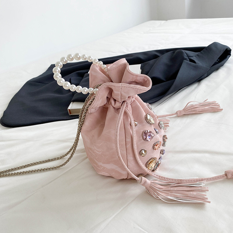 Evening Style Metal Hardware Pearl Embellishment Tassel Sequin Tassel Beads Mixed Color Chain Pu Women's Round Handbags h5Picture3