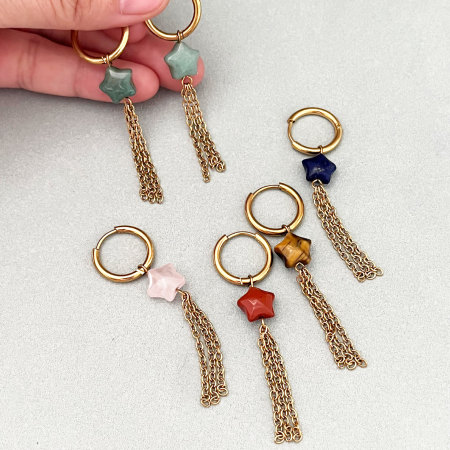 Simple Series Retro Tassel Star Stainless Steel Waterproof Gold Color Natural Stone Women's Hoop Earrings 2