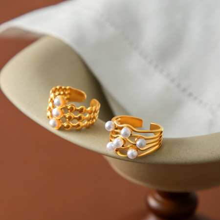 Simple Series Daily Hollowed-Out Stainless Steel Waterproof Gold Color Women's Gemstone Rings