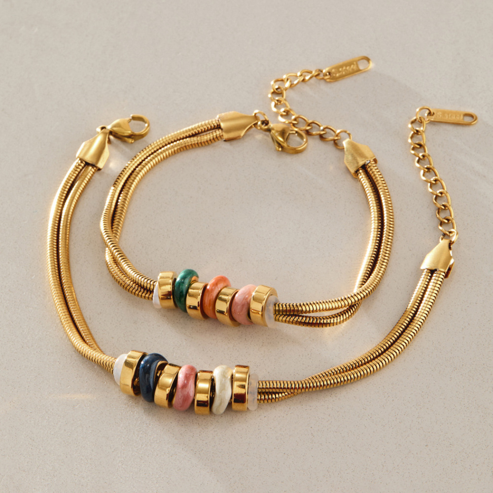 Braccialetti Da Donna Simple Series Daily Beads In Acciaio Inossidabile Color Oro, Impermeabili, Con Perline Miste. h5Immagine2