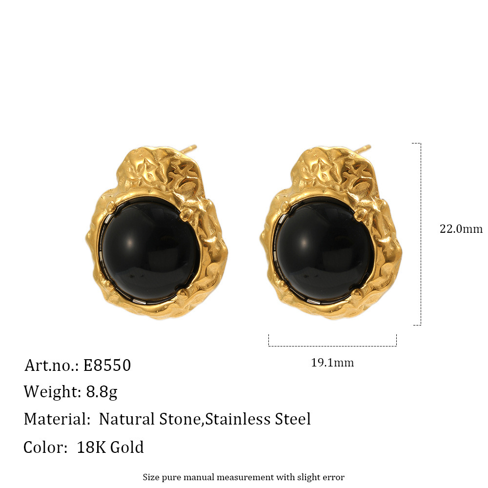 Hammer Pattern Stainless Steel Waterproof Gold Color Natural Stone Women's Earring Sets