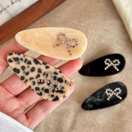 Pinzas Para El Cabello De Acetato Con Pedrería Y Lazo Diario De La Serie Simple, Con Estampado De Leopardo Y Color Degradado. 2