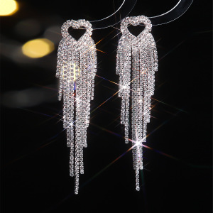 Luxurious Series Simple Heart Tassel Copper Rhinestone Women's Party Earrings h5 Picture2