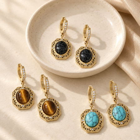 Retro Hollowed-Out Ellipse Shape Stainless Steel Waterproof Gold Color Natural Stone Women's Drop Earrings