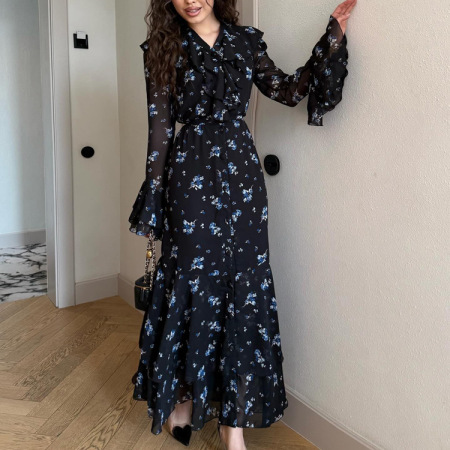 Vestidos Largos Ajustados Con Volantes Y Estampado Floral Retro