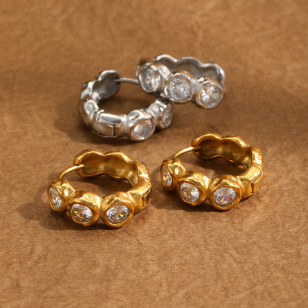 Circle Thread Stainless Steel Waterproof Gold Color Zircon Women's Hoop Earrings