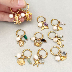 Simple Series Cute Beads Shell Starfish Stainless Steel Waterproof Gold Color Women's Hoop Earrings h5 Picture3