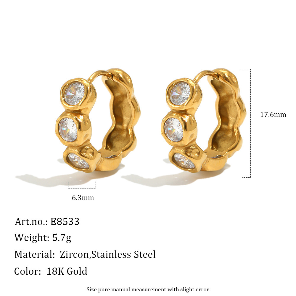 Circle Thread Stainless Steel Waterproof Gold Color Zircon Women's Hoop Earrings 