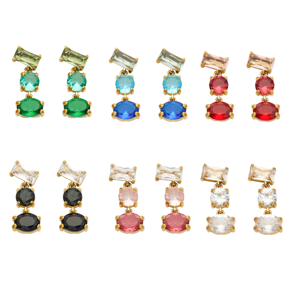 Luxurious Series Elegant Circle Rectangle Stainless Steel Waterproof Gold Color Zircon Women's Drop Earrings Picture5