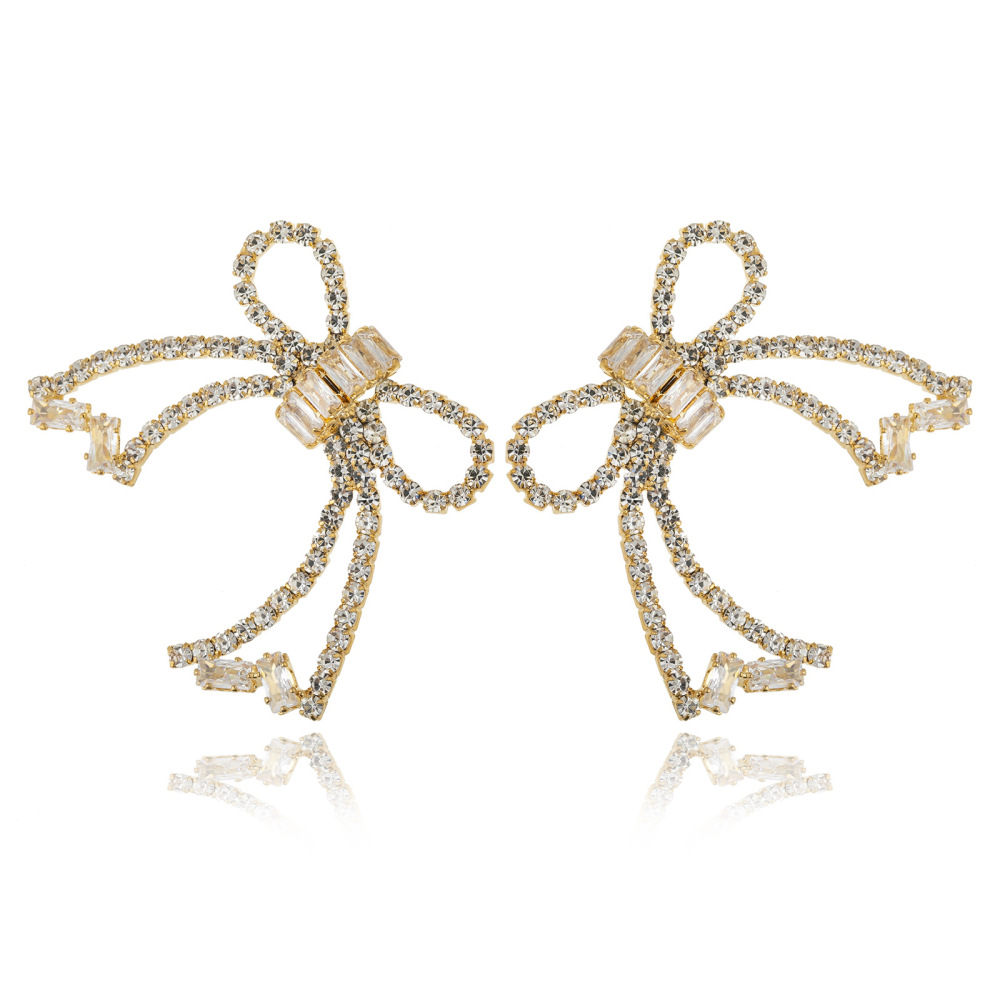 Luxurious Series Elegant Bow Knot Copper Rhinestone Zircon Women's Stud Earrings