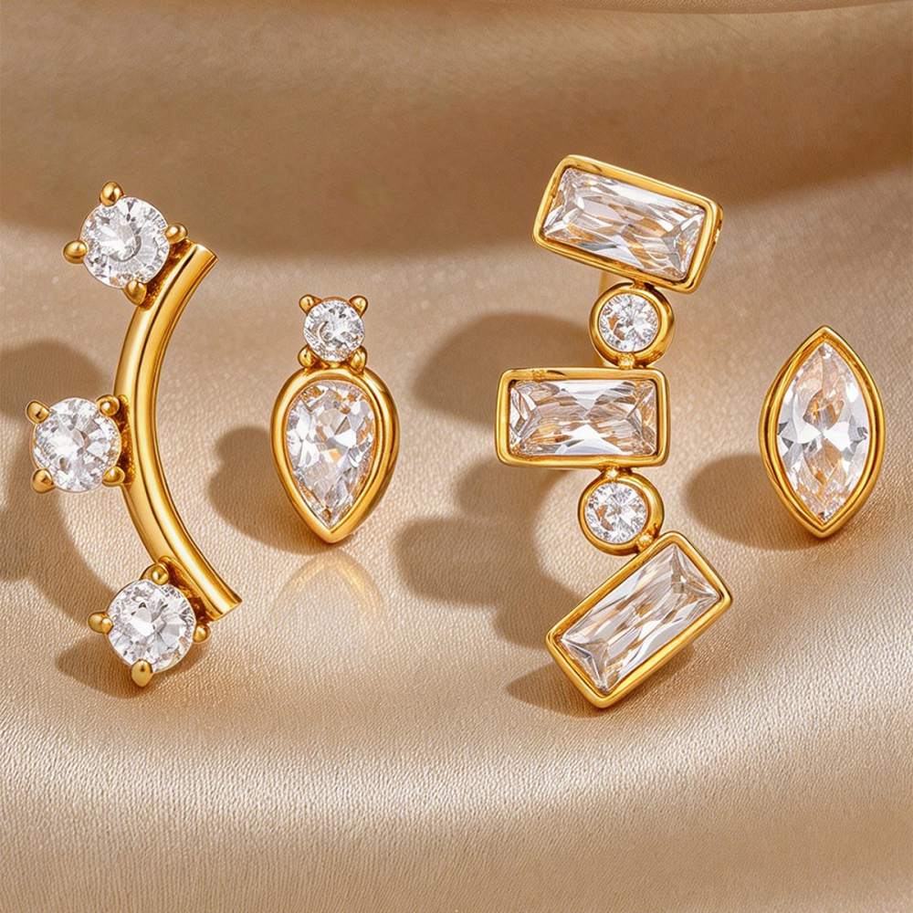 Droplet Rectangle Stainless Steel Gold Color Zircon Women's Stud Earrings h5Picture4