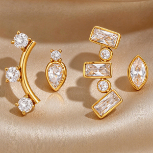 Droplet Rectangle Stainless Steel Gold Color Zircon Women's Stud Earrings h5 Picture4
