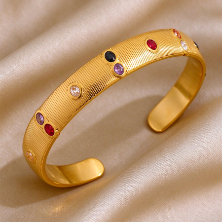 Pulseras De Puño De Lujo Para Mujer, De Acero Inoxidable Color Oro Con Circonitas Y Diseño Retro A Rayas.