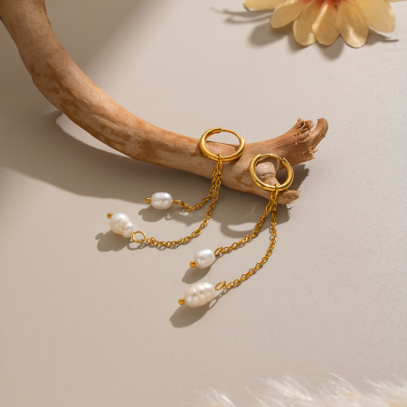 Stainless Steel Waterproof Gold Color Freshwater Pearl Women's Dangle Earrings