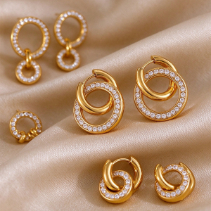 Simple Irregular Shape Patchwork Circle Stainless Steel Waterproof Gold Color Zircon Women's Hoop Earrings h5 Picture2