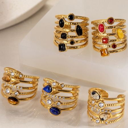Luxuriöse Retro-Tropfen-Ringe Aus Unregelmäßigem Edelstahl, Wasserdicht, Goldfarben, Mit Zirkonia-Naturstein