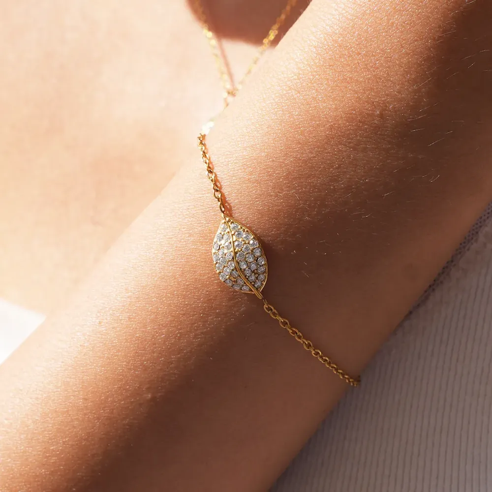 Luxurious Series Simple Irregular Shape Leaf Plant Stainless Steel Waterproof Gold Color Rhinestone Women's Chain Bracelets h5Picture4