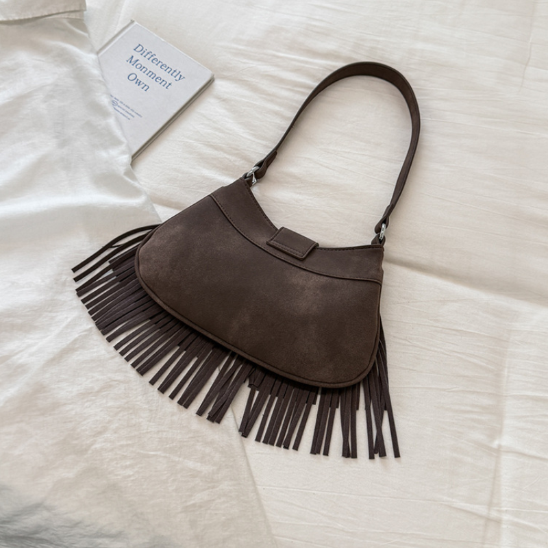 Casual Style Metal Hardware Tassel Solid Color Tassel Suede Women's Square Shoulder Bags h5Picture8