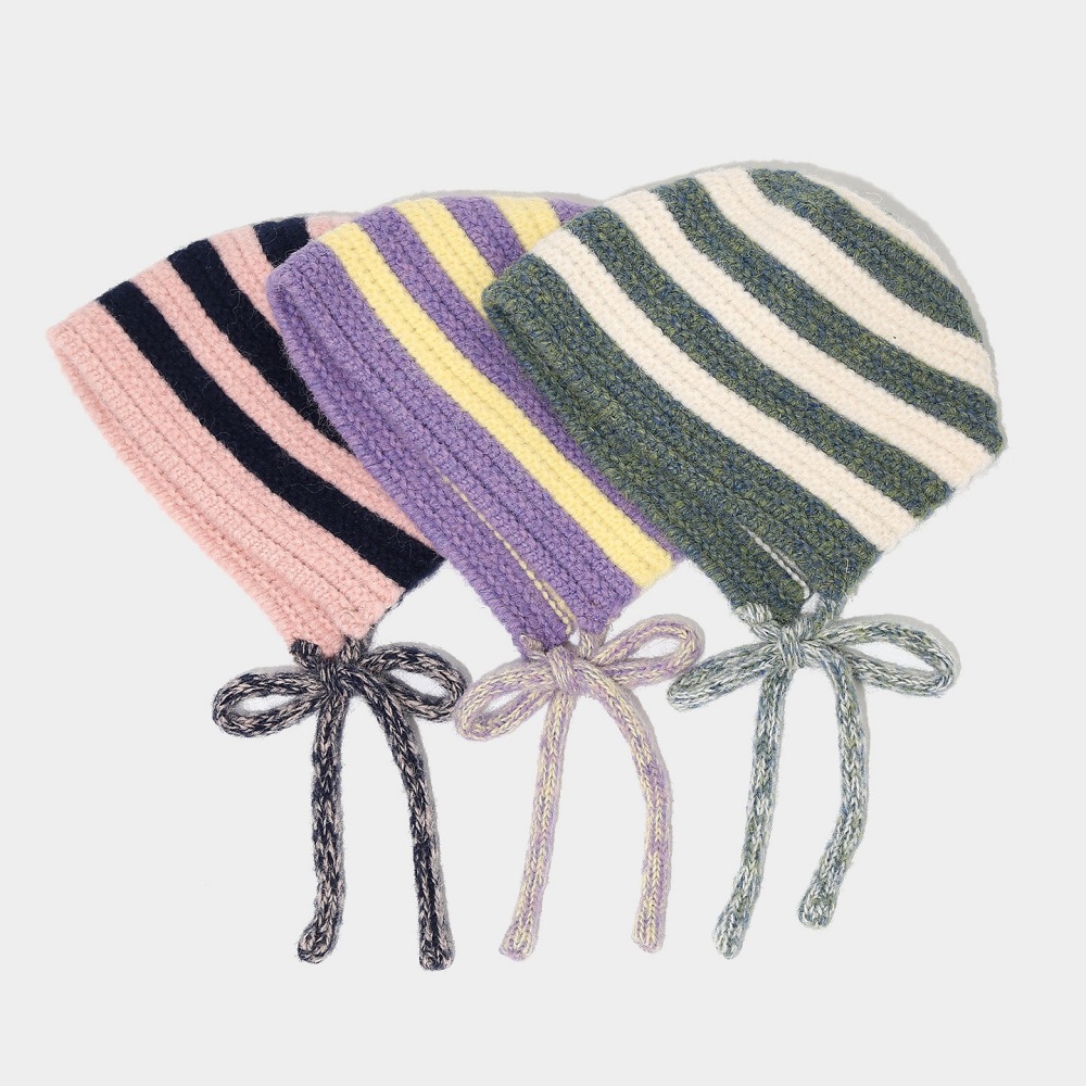 Simple Series Casual Bow Knot Stripe Mixed Color Woven Polyester Earflap Hat h5Afbeelding3