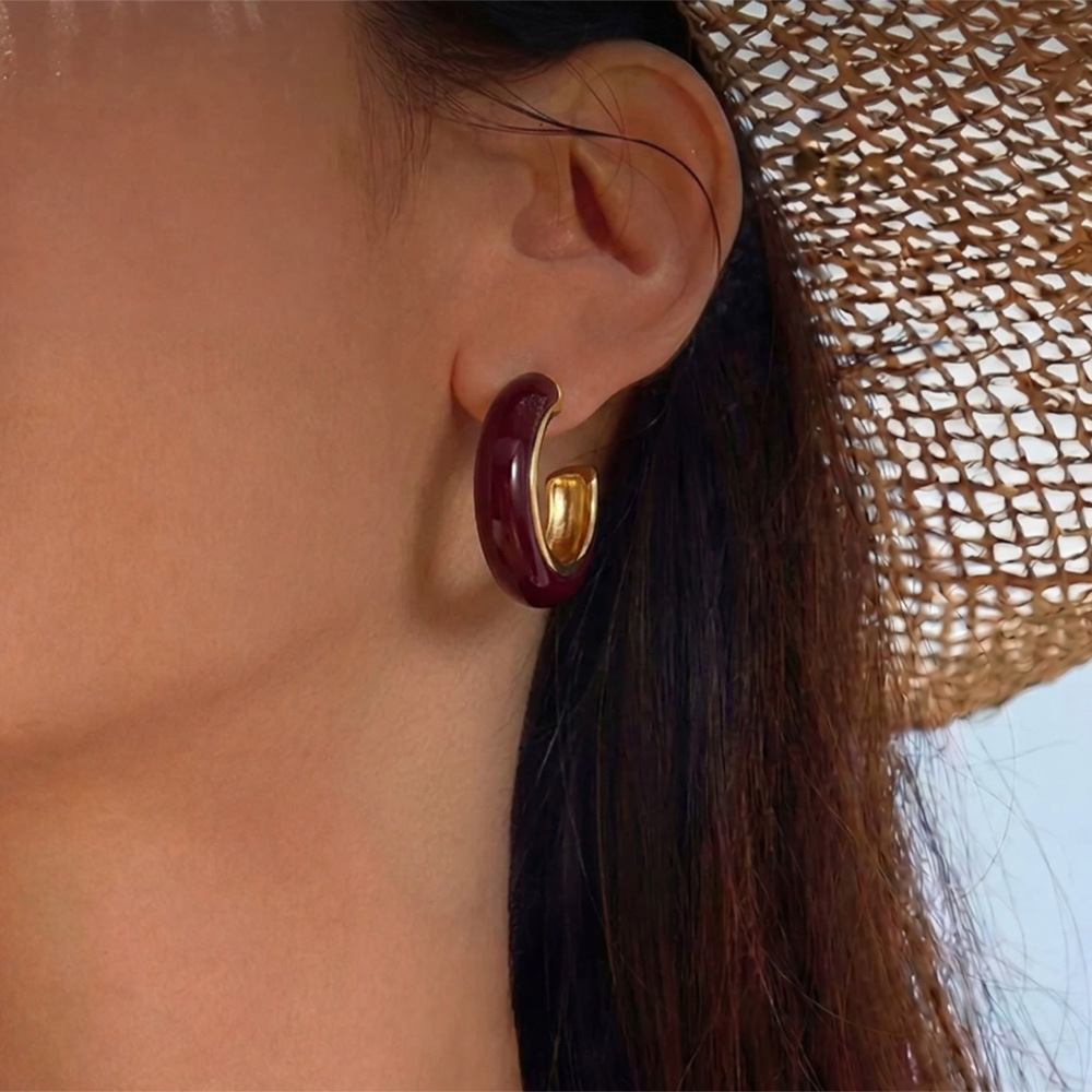 Solid Color Resin Stainless Steel Waterproof Gold Color Women's Stud Earrings Picture3