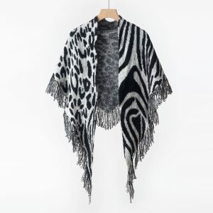 Simple Serisi Retro Leopar Desenli Püsküllü Karışık Renkli Hayvan Desenli Yün Polyester Karışımı Şallar h5 Resim2