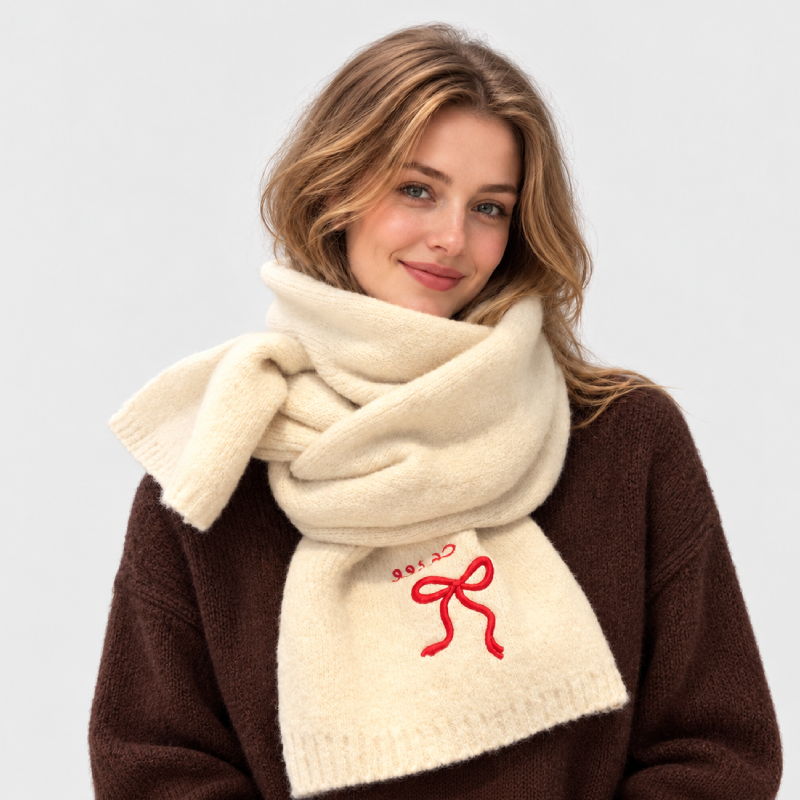 Simple Series Sweet Letter Bow Knot Solid Color Polyester Winter Scarves