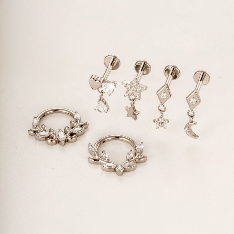 1 pezzo orecchini da piercing da donna in titanio e zircone a foglia semplice 2