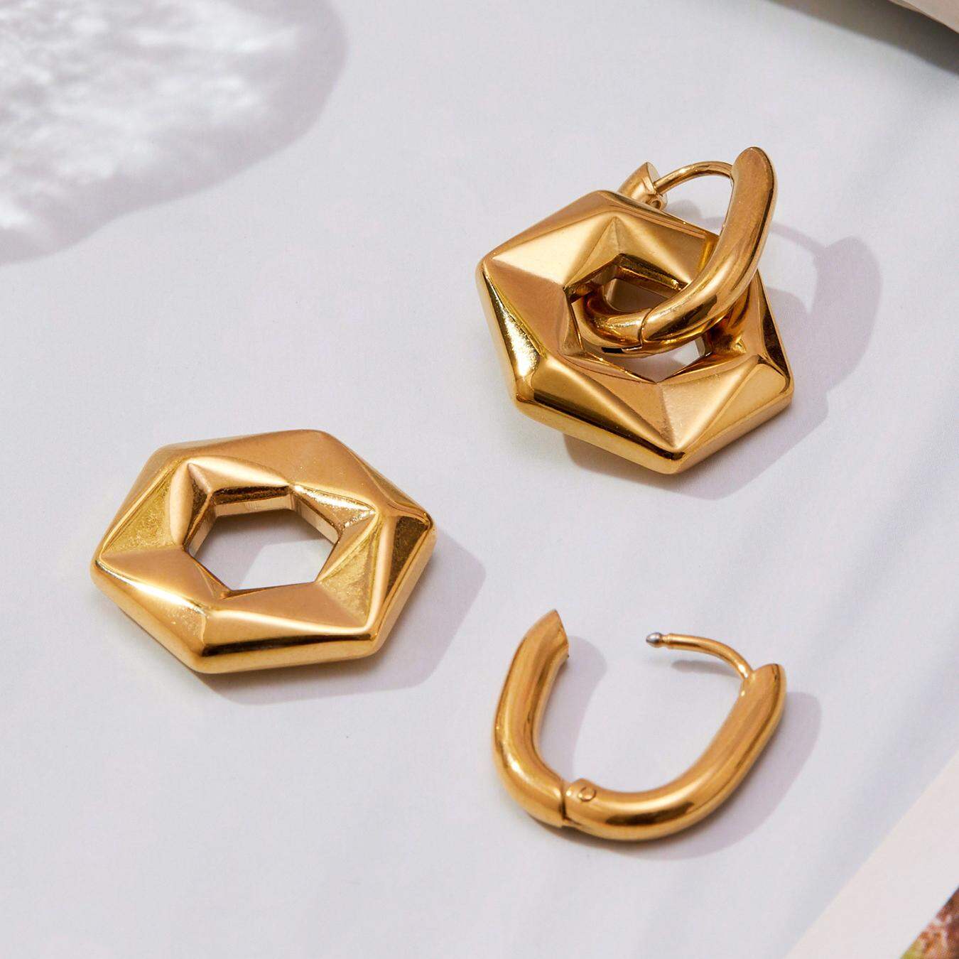 1 Pair Hexagon Hollowed-out Stainless Steel Waterproof Gold Color Women's Drop Earrings h5 Picture4
