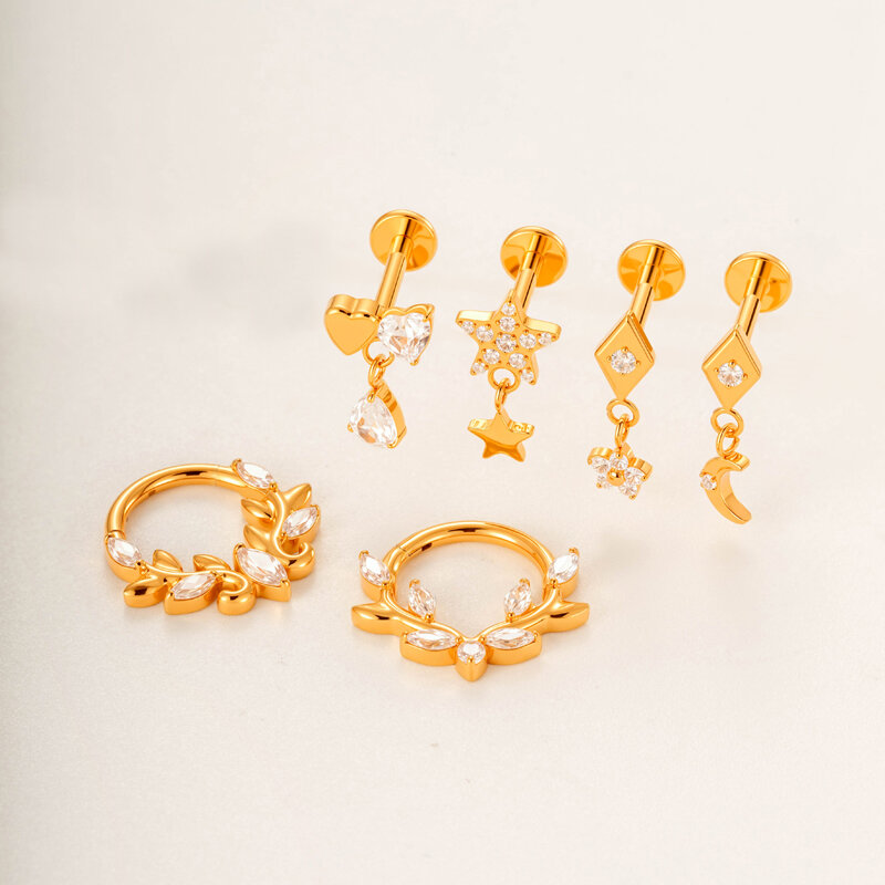1 pezzo orecchini da piercing da donna in titanio e zircone a foglia semplice