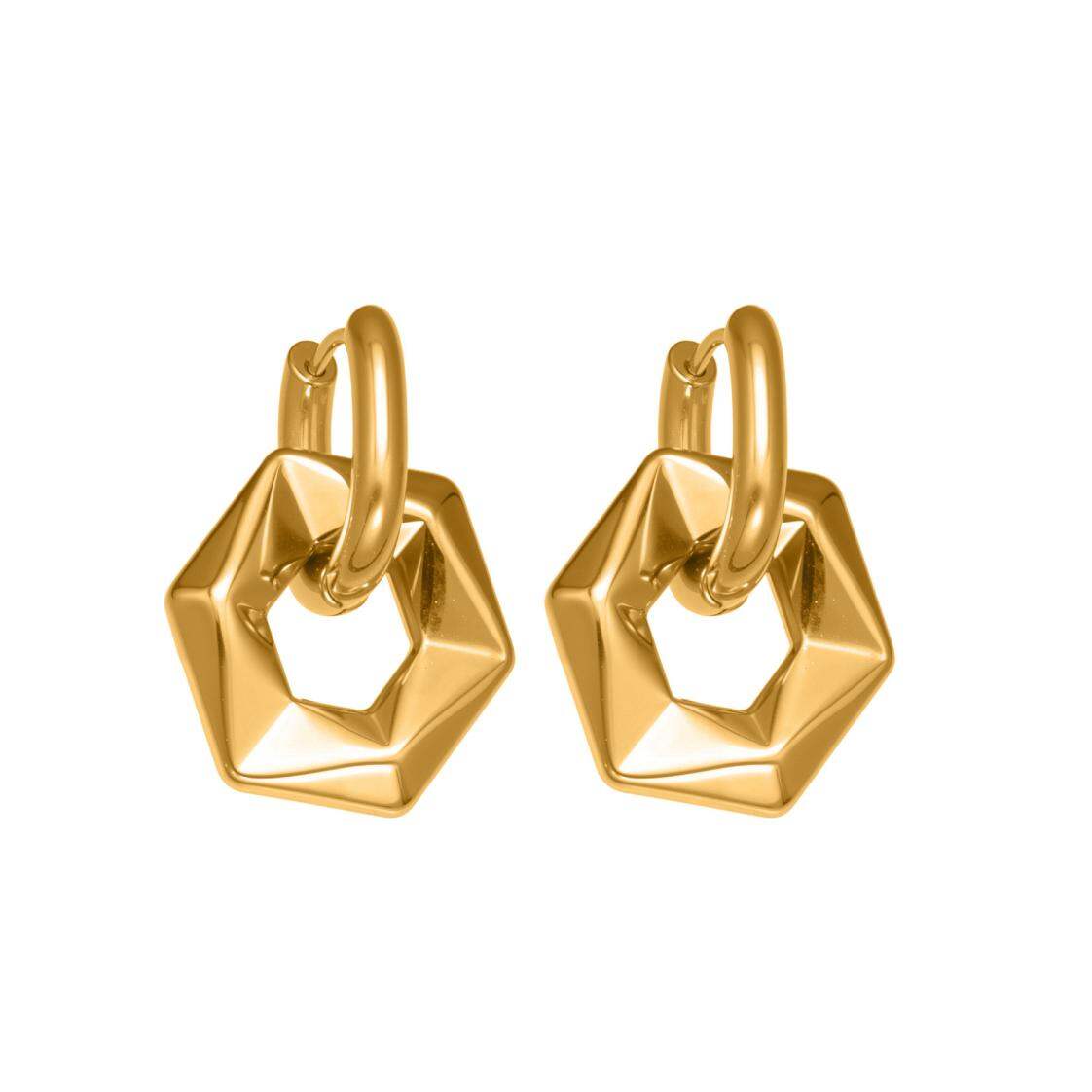 1 Pair Hexagon Hollowed-out Stainless Steel Waterproof Gold Color Women's Drop Earrings 