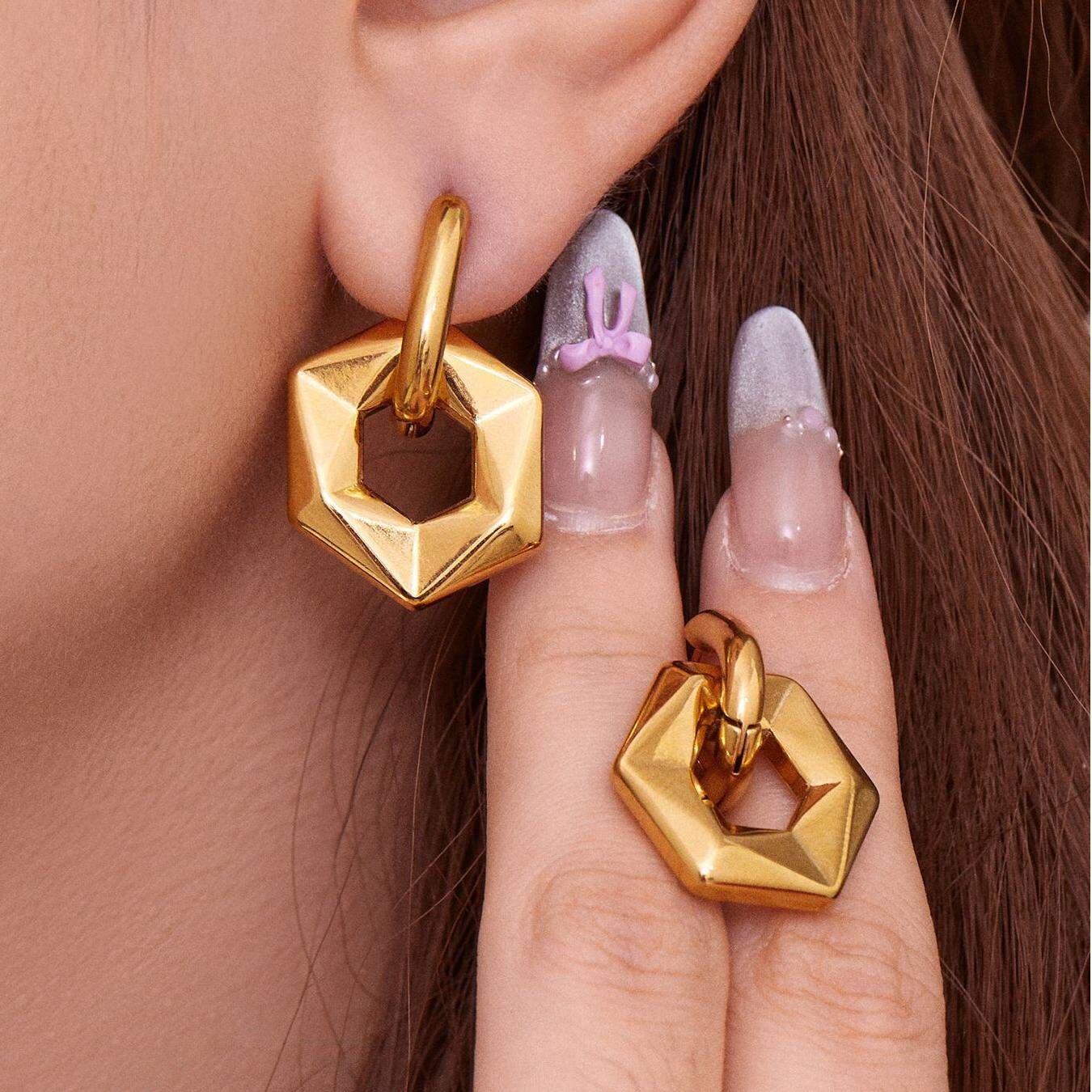 1 Pair Hexagon Hollowed-out Stainless Steel Waterproof Gold Color Women's Drop Earrings Picture6