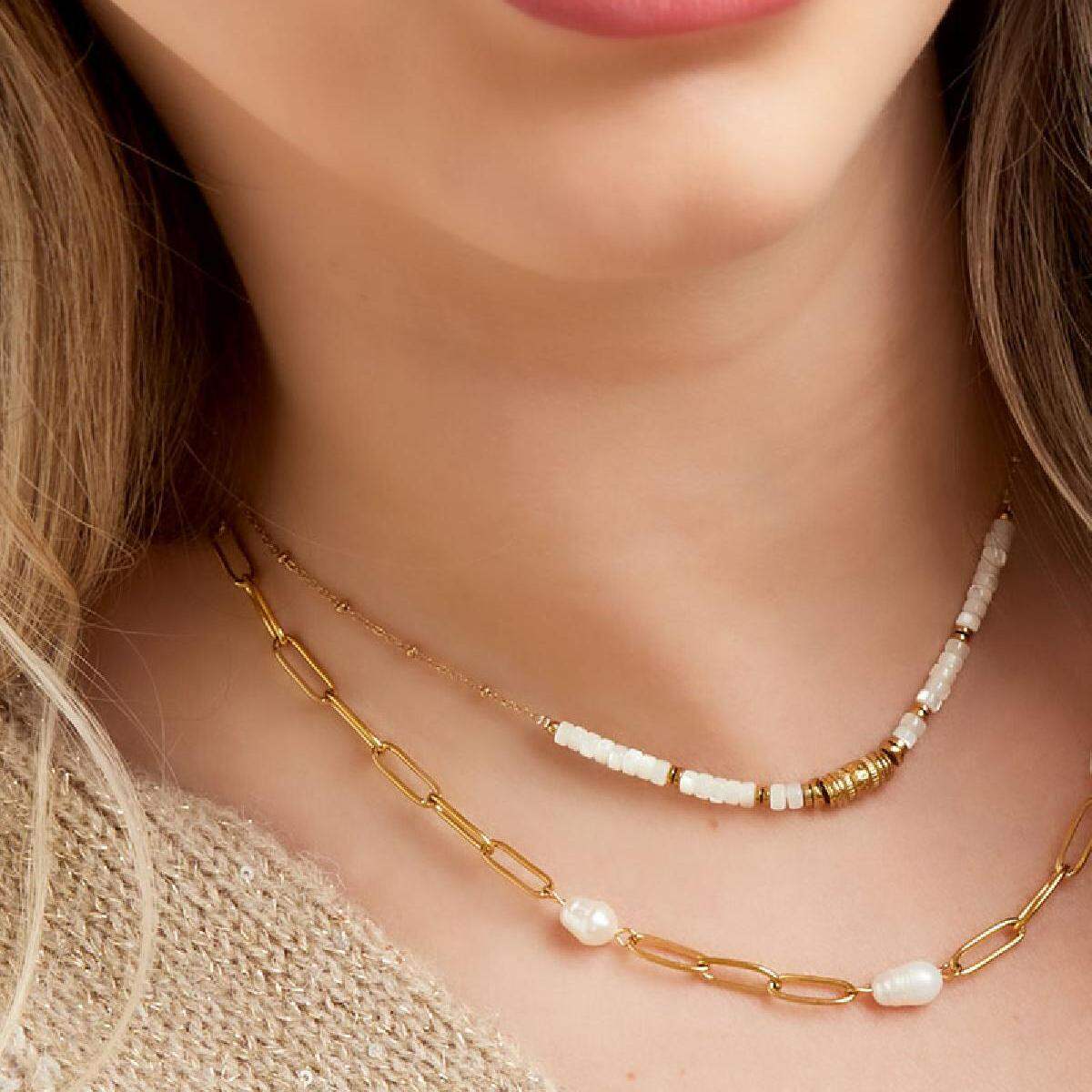 Collar de cadena ovalada con perla h5 Imagen4