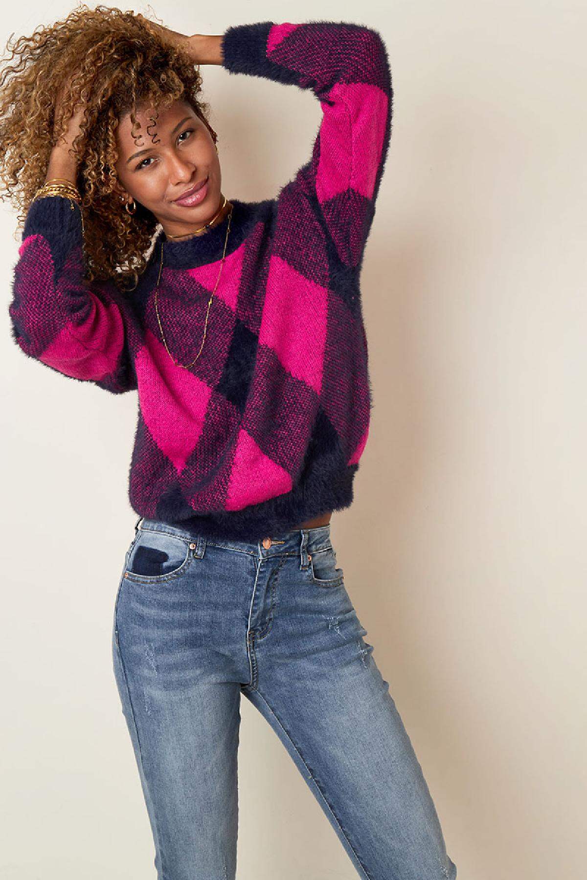 Weicher karierter Pullover Fuchsia S/M h5 Bild4