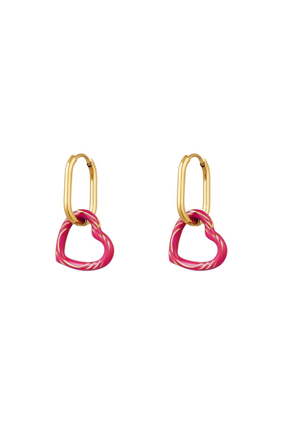 Earrings with mesh printed heart charm Pink & Gold Color Stainless Steel
